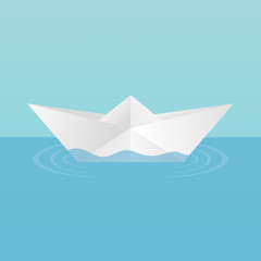 Obraz premium A children's toy boat made of paper afloat, leaving circles of ripples on the water. On a blue background. Vector image.