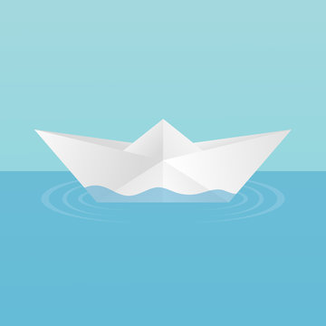 A children's toy boat made of paper afloat, leaving circles of ripples on the water. On a blue background. Vector image.