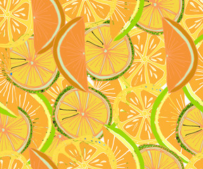 Vector tropical pattern. Fresh ripe lime and orange, palm leaves. Hand drawn seamless background.