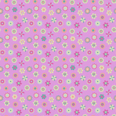 Seamless colorful texture with cartoon flowers in pastel tones on a pink background,vector. Pattern for decorating surfaces, print on fabric, wallpaper, packaging, gadgets, goods for children and more