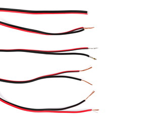 Black and red damaged, cut cable isolated on white background