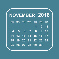 November 2018 calendar. Calendar planner design template. Week starts on Sunday. Business vector illustration.