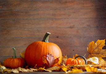 maple leaves and pumpkins on wooden table