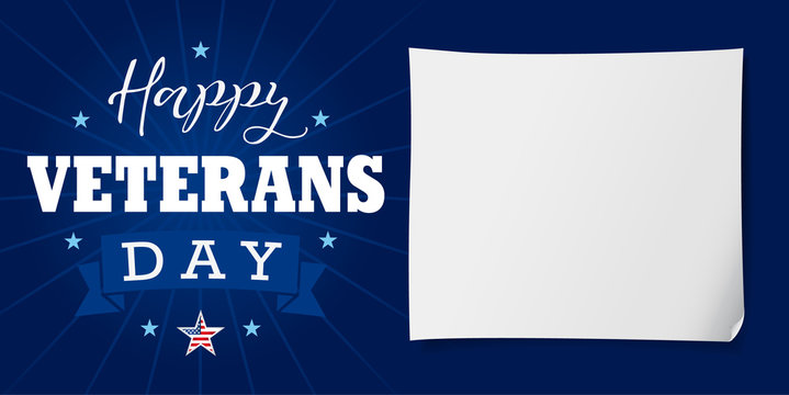 Happy Veterans Day USA lettering banner. Veterans day greeting card with star, beams and typographic design on navy blue background. Honoring all who served, vector illustration