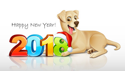 Labrador retriever. Year of the 2018 yellow dog. Illustration, vector, isolatad. 3D. Postcard.