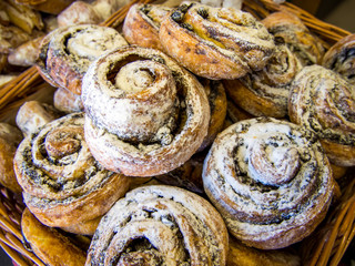 Fancy twisted rolls in a wicker basket