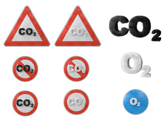 CO2 O2 Stop Warnung Verbot Schilder Umweltverschmutzung Luftverschmutzung 3D Verkehrszeichen