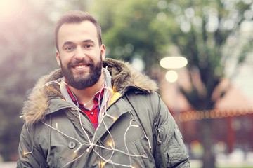 Adult man outdoors during fall time