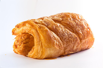 Close up on Croissant, sausage in croissant with white background.
