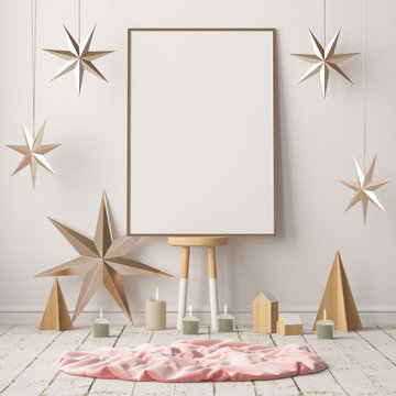 Mock up poster in the Christmas interior in Scandinavian style. 3D rendering