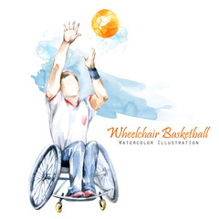 Akwarela ilustracja Piłka nożna Backetball Sporty paraolimpijskie. Figura niepełnosprawnego sportowca na wózku inwalidzkim z rakietą. Aktywni ludzie. Niepełnosprawność i polityka społeczna. Pomoc socjalna. - 176897171