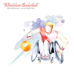 Watercolor illustration. Wheelchair Backetball Paralympic sport. Figure of disabled athlete in the wheelchair with a racket. Active people. Disability and social policy. Social support. - 176897189