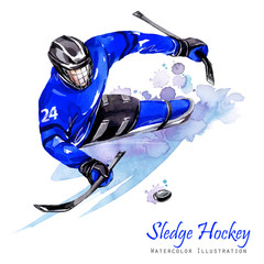 Watercolor illustration. Sledge Hockey. Disability snow sports. Figure of disabled athlete on the...