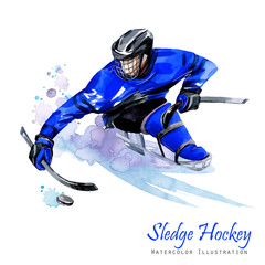 Watercolor illustration. Sledge Hockey. Disability snow sports. Figure of disabled athlete on the...