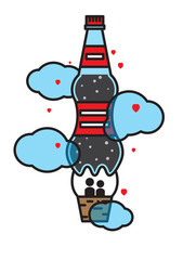 a guy and a girl are flying up, a big bottle of cola, an effervescent drink, a valentine's day and a soda, love in heaven,Vector image, flat design