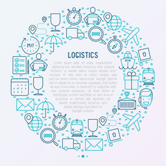 Logistics concept in circle with thin line icons of delivery, box, airplane, train, marine, crane, globe with pointer. Vector illustration for banner, web page, print media.