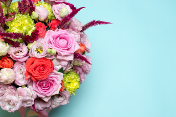 beautiful floral arrangement, pink and red rose, pink eustoma, yellow chrysanthemum