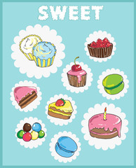 Icons on the theme of sweets. Cake icons