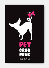 Poster template with dog silhouette on black background. Pet gro