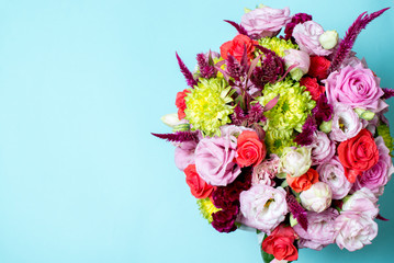 beautiful floral arrangement, pink and red rose, pink eustoma, yellow chrysanthemum