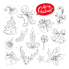 Fototapeta na wymiar Graphite pencil collection of Christmas objects