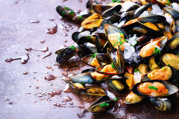Mussels on stone concrete background. Top view, copy space