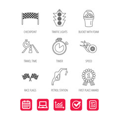 Race flags and speed icons. Winner medal signs.