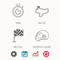 Race flag, timer and motorcycle helmet icons.