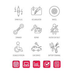 Accumulator, spanner tool and car service icons.
