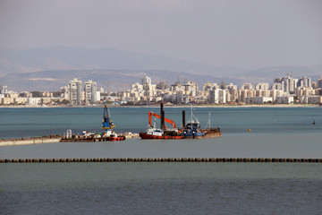 View of Haifa's Port, Cranes, Boats, Ships and equipment.