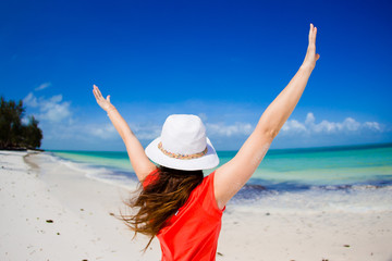 Back view of woman in hat on white beach