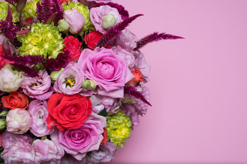 beautiful floral arrangement, pink and red rose, pink eustoma, yellow chrysanthemum