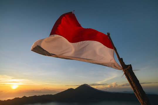Indonesian Flag On Top Of Mountain