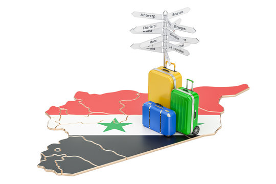 Syria travel concept. Syrian map with suitcases and signpost, 3D rendering