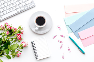 woman work desk with keyboadr and pestals white background yop view mock up