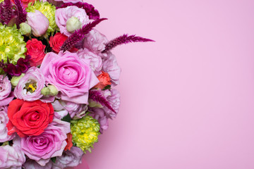 beautiful floral arrangement, pink and red rose, pink eustoma, yellow chrysanthemum