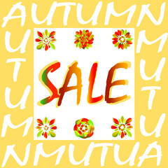 Autumn sale flyer template with lettering. Bright fall leaves. Bright geometrical background. Poster, card, label, banner design. Vector illustration 
