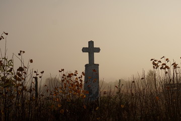 old grave in the misty morning