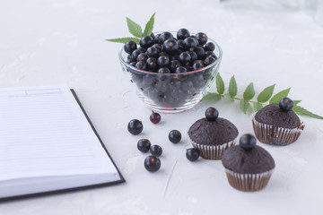 black currant in a glass vase on the table notebook summer concrete