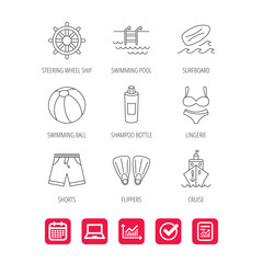 Surfboard, swimming pool and trunks icons.