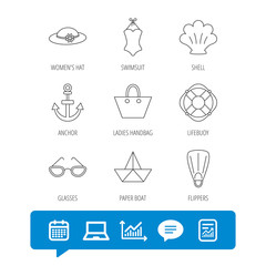 Paper boat, shell and swimsuit icons.