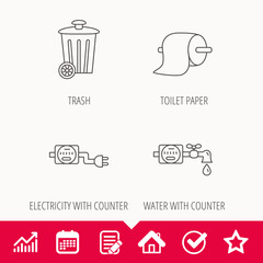 Trash bin, electricity and water counter icons.