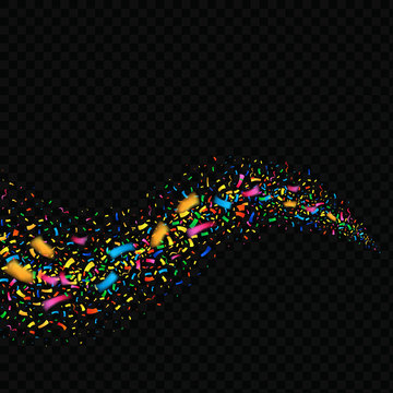 Colorful sparkling confetti with blurred elements wave. Vector illustration on black background