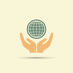 Two open hands holding globe isolated vector colored icon