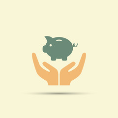 Two open hands holding piggybank isolated vector colored icon