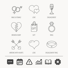 Love heart, gift box and wedding ring icons.