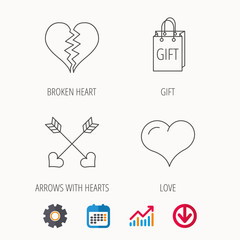 Love heart, gift box and arrows icons.