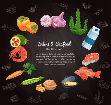 Organic food and seafood vector sketch colorful banner, persimmon, feijoa, sea bass, milk, carrot, garlic, walnut, salmon steak, pea, mussel, shrimp, seaweed