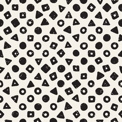 Hand drawn black and white ink abstract seamless pattern. Vector stylish grunge texture. Monochrome scattered shapes paint brush lines