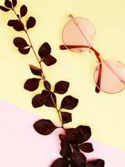 Minimal style. Minimalist Fashion photography. Fashion sunglasses. Summer is coming concept. Pink glasses on a pastel background, top view. Trendy minimal style with colorful paper backdrop